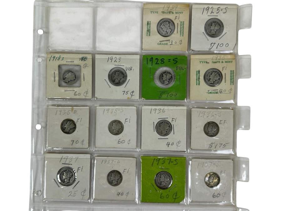 (14) Silver Winged Liberty Head Mercury Dimes Collection From 1918-1939 - 74 Total Dimes Including 1925-S, 1928-S And 1936-S - See Photos For Details