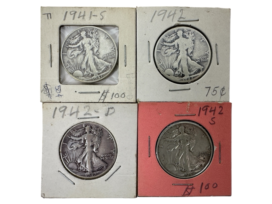 (4) Walking Liberty Silver Half Dollars: 1941-S, 1942, 1942-D And 1942-S