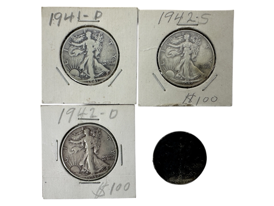 (4) Walking Liberty Silver Half Dollars: 1941-D, 1942-S, 1942-D And Unknown Year