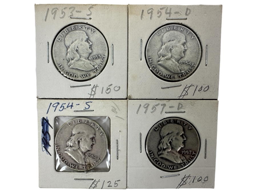 (4) Silver Franklin Half Dollars: 1953-S, 1954-D, 1954-S And 1957-D