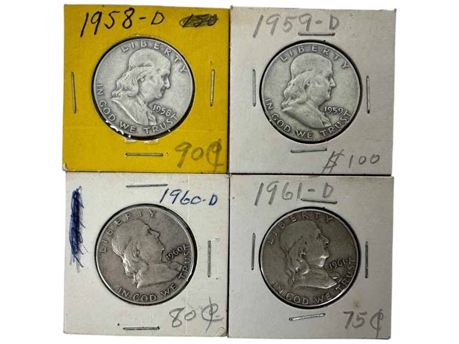 (4) Silver Franklin Half Dollars: 1958-D, 1959-D, 1960-D And 1961-D
