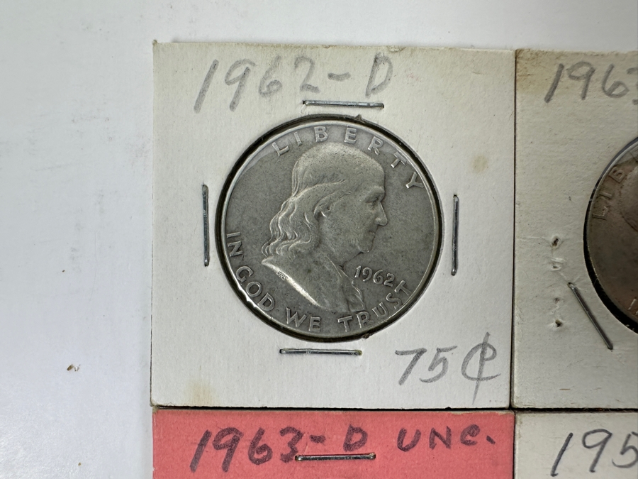 (4) Silver Franklin Half Dollars: 1957-D, 1962-D, 1963-D And 1963-D Uncirculated [Photo 2]
