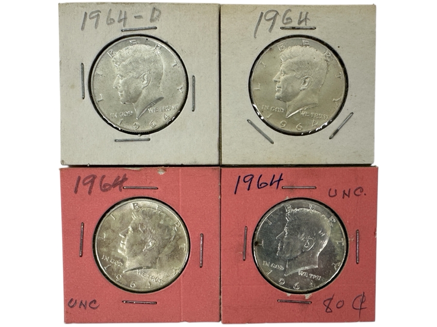 (4) First Year 1964 Silver Kennedy Half Dollars: (1) 1964-D And (1) 1964 Uncirculated