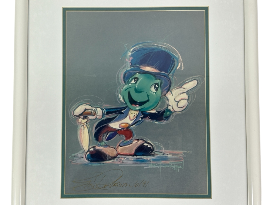 Hand Signed By Artist - Jiminy Cricket By Eric Robison - 1991 Disney Gallery Special Event Print 10 X 13 Framed 17 X 20 - Signed And Dated Lower Left By Eric Robison