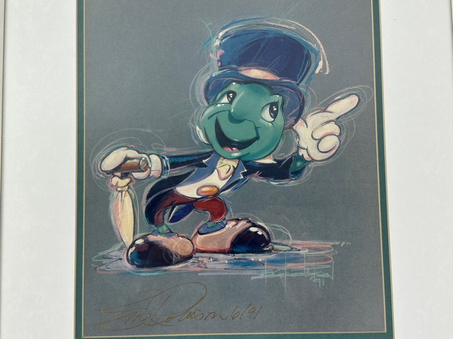 Hand Signed By Artist - Jiminy Cricket By Eric Robison - 1991 Disney Gallery Special Event Print 10 X 13 Framed 17 X 20 - Signed And Dated Lower Left By Eric Robison [Photo 3]