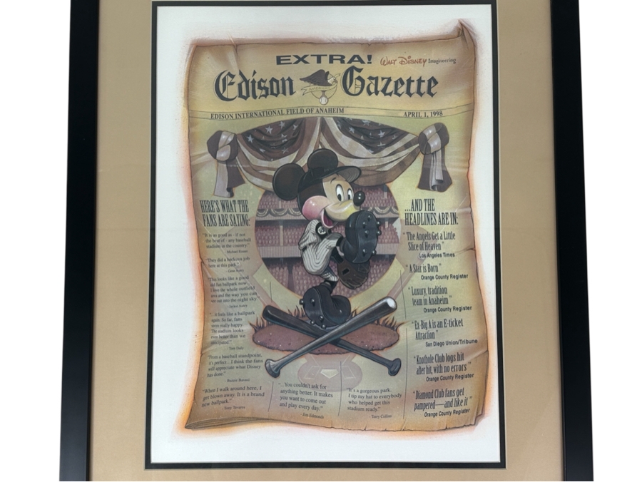 Mickey Mouse Angels Baseball Print 1998 Commemorating The Reopening Of Angels Stadium After Disney Purchase 14.5 X 20 Framed 22 X 27