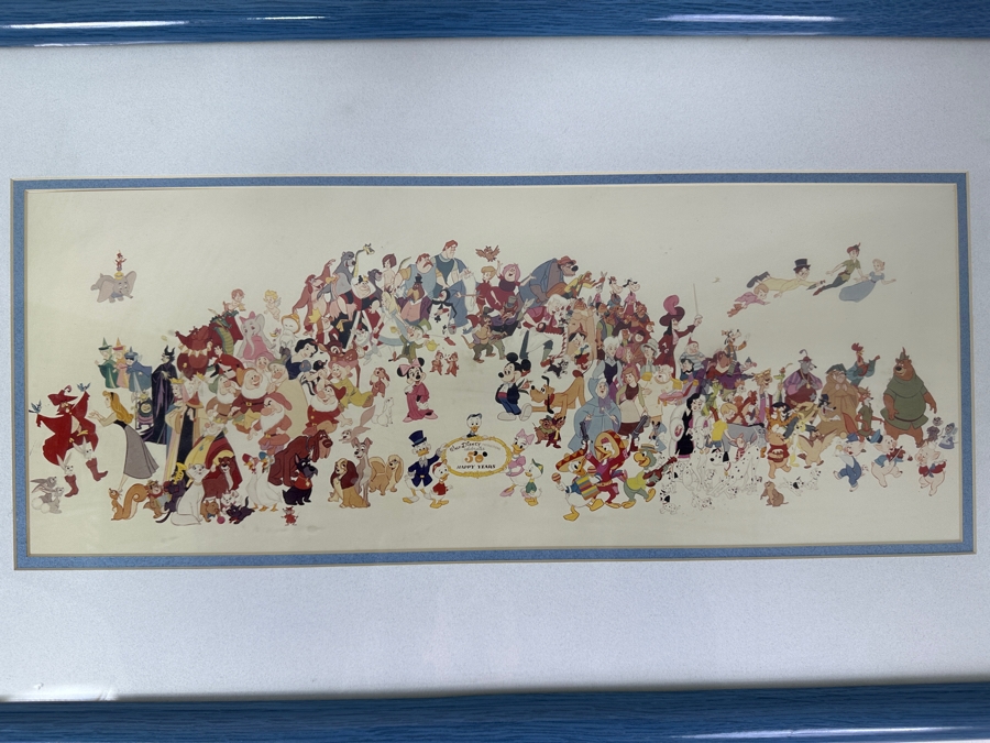 Disney Character Mural Print By Bill Justice Celebrating '50 Happy Years' The 50th Anniversary Of Walt Disney Productions 20 X 8 Framed 28 X 16