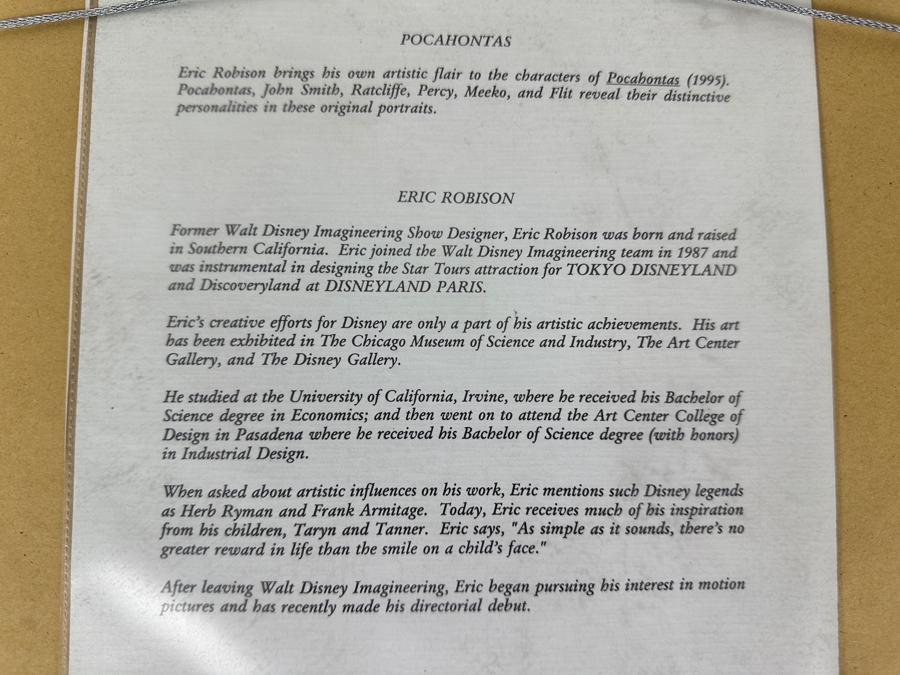 Signed Pocahontas Print By Eric Robison 1995 Disney Gallery Special Artist Event Hand Signed Lower Left By Eric Robison 10.5 X 13 Framed 17.5 X 22 [Photo 10]