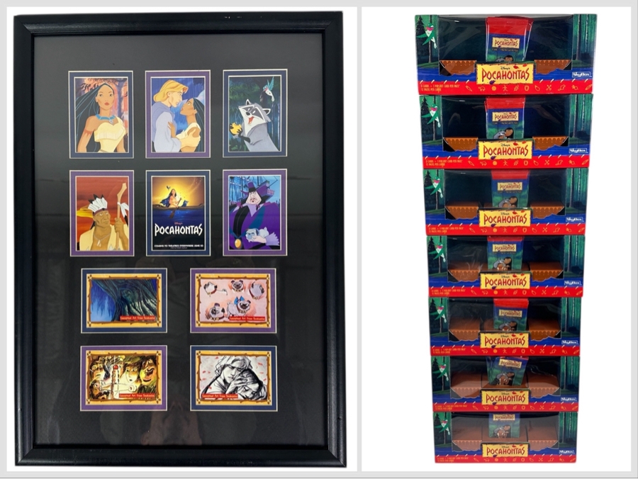 Framed Pocahontas Promotional Trading Cards With Front And Back Visible 15 X 20 And (7) Factory Sealed Pocahontas Promotional Card Sets (84 Unopened Packs)