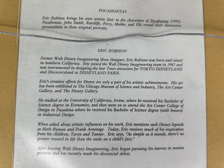 Signed Governor Ratcliffe And Percy From Pocahontas Print By Eric Robison 1995 Disney Gallery Special Artist Event Hand Signed Lower Right By Eric Robison 10 X 13 Framed 17.5 X 21.5 [Photo 11]