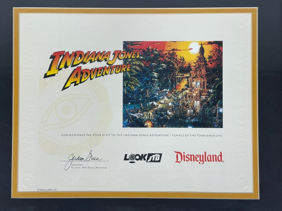 Indiana Jones Adventure Certificate 1995 Commemorating The Opening Day Of The Attraction Framed 15 X 12.5