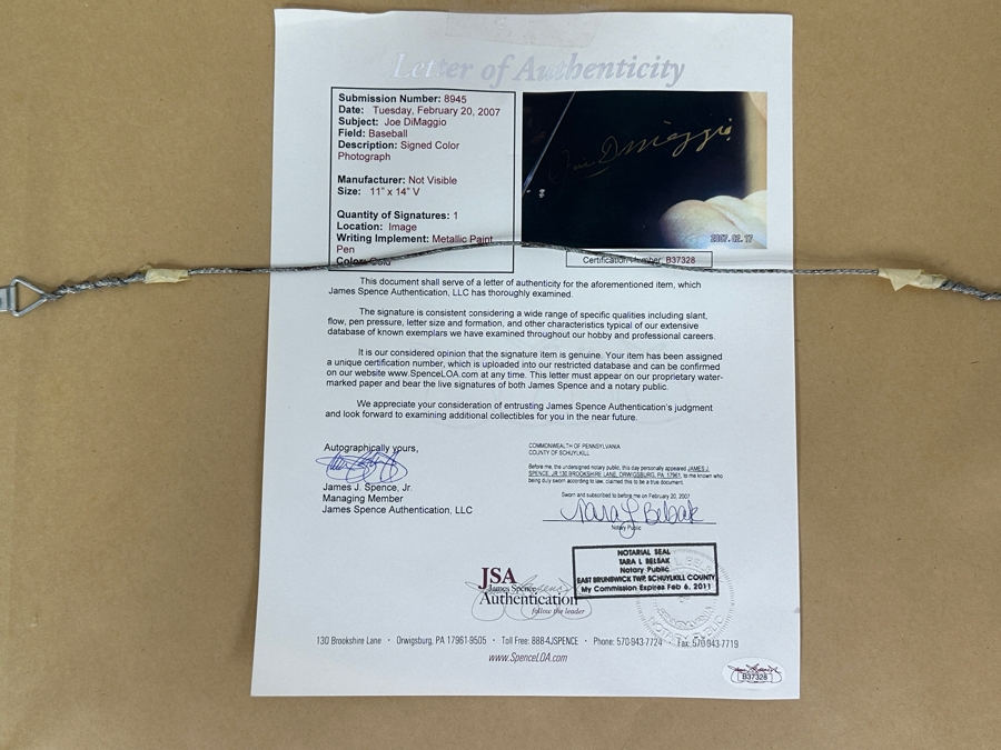 Signed Joe DiMaggio MLB Baseball Color Photograph 11' X 14' With COA Framed [Photo 6]