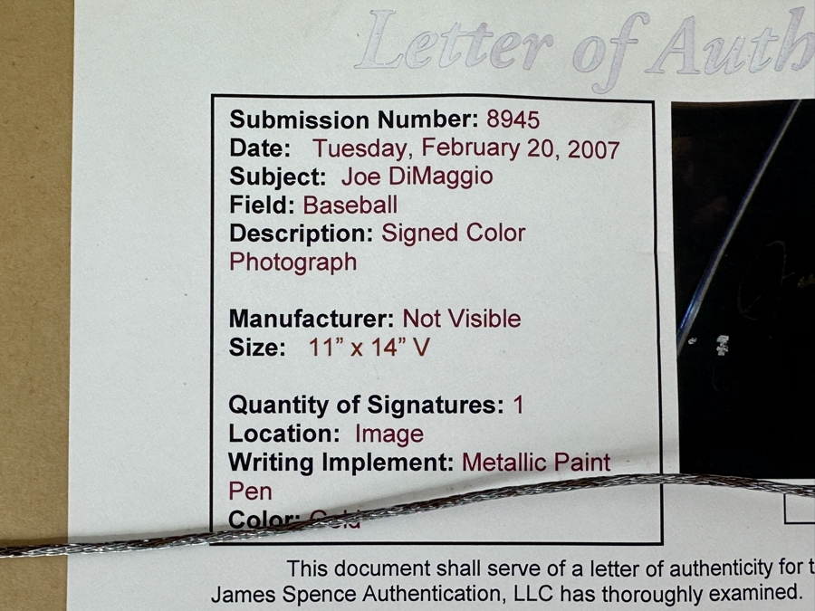 Signed Joe DiMaggio MLB Baseball Color Photograph 11' X 14' With COA Framed [Photo 7]