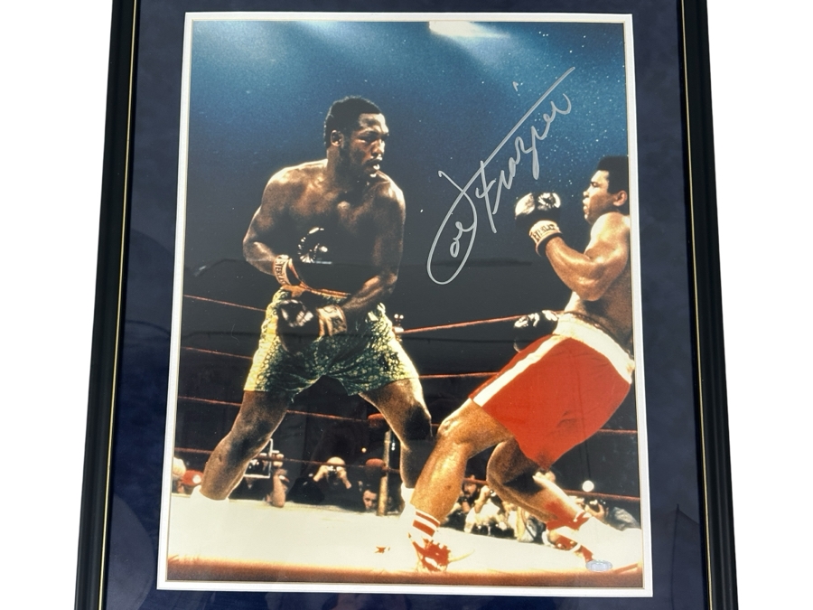 Signed Joe Frazier Knockdown Of Mohammed Ali Boxing Photograph Autographed By Joe Frazier With COA Framed 21' X 25'