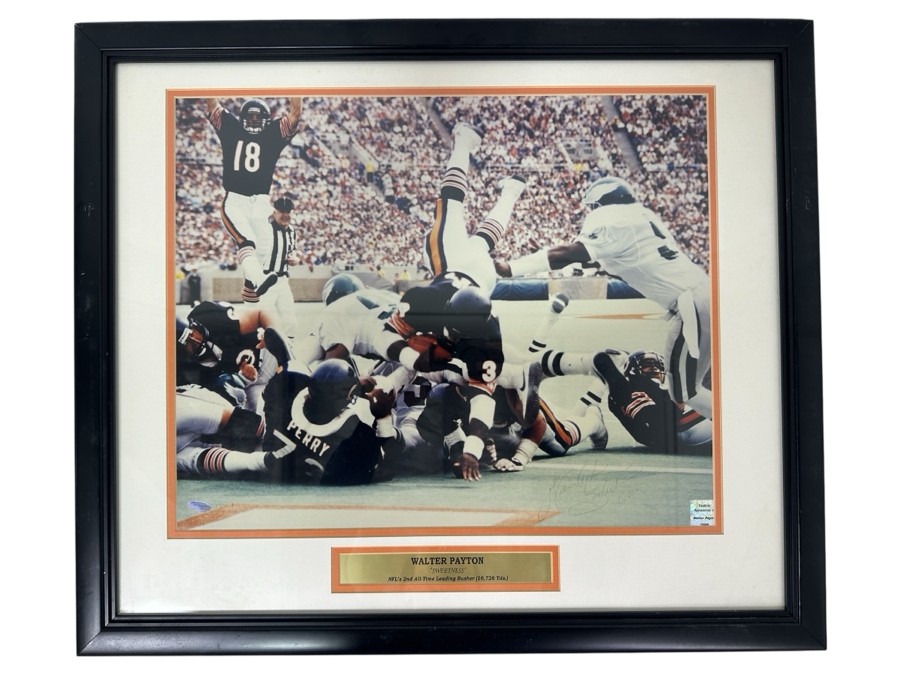 Signed Walter Payton 'Sweetness' NFL's 2nd All-Time Leading Rusher (16,726 Yards) Photograph Autographed By Walter Payton With COA Framed 26.5' X 22'
