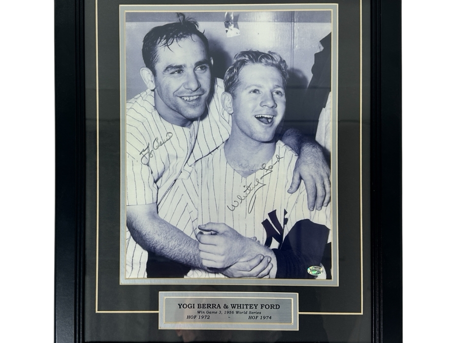 Signed Yogi Berra HOF 1972 & Whitey Ford HOF 1974 MLB Win Game 3 Of The 1956 World Series Photograph Autographed By Yogi Berra & Whitey Ford With COA Framed 16' X 20'