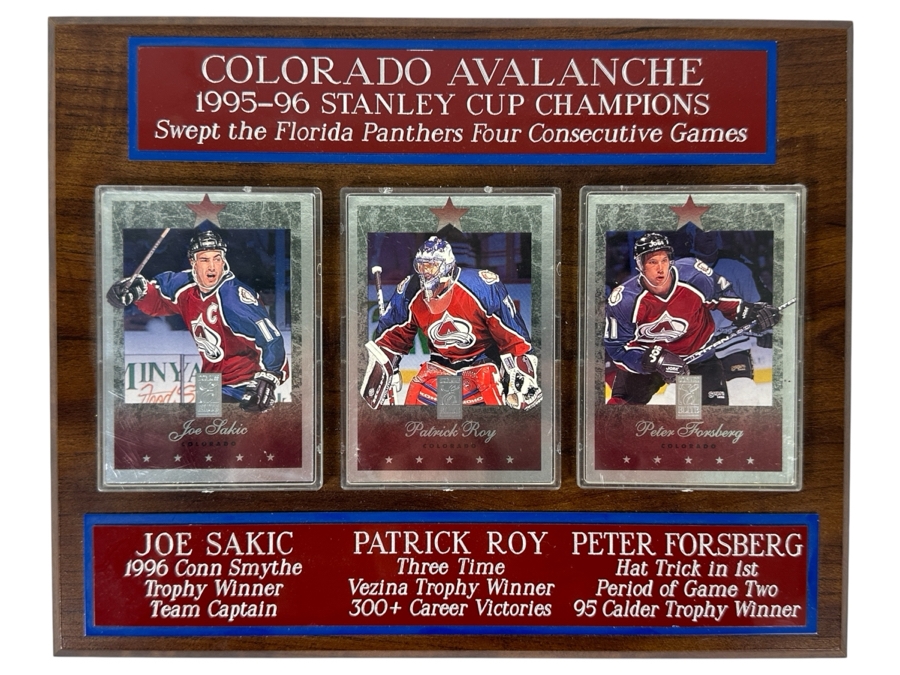 Wall Plaque Featuring Colorado Avalanche NHL 1995-96 Stanley Cup Champions Trading Cards Of Joe Sakic, Patrick Roy And Peter Forsberg 10' X 8'