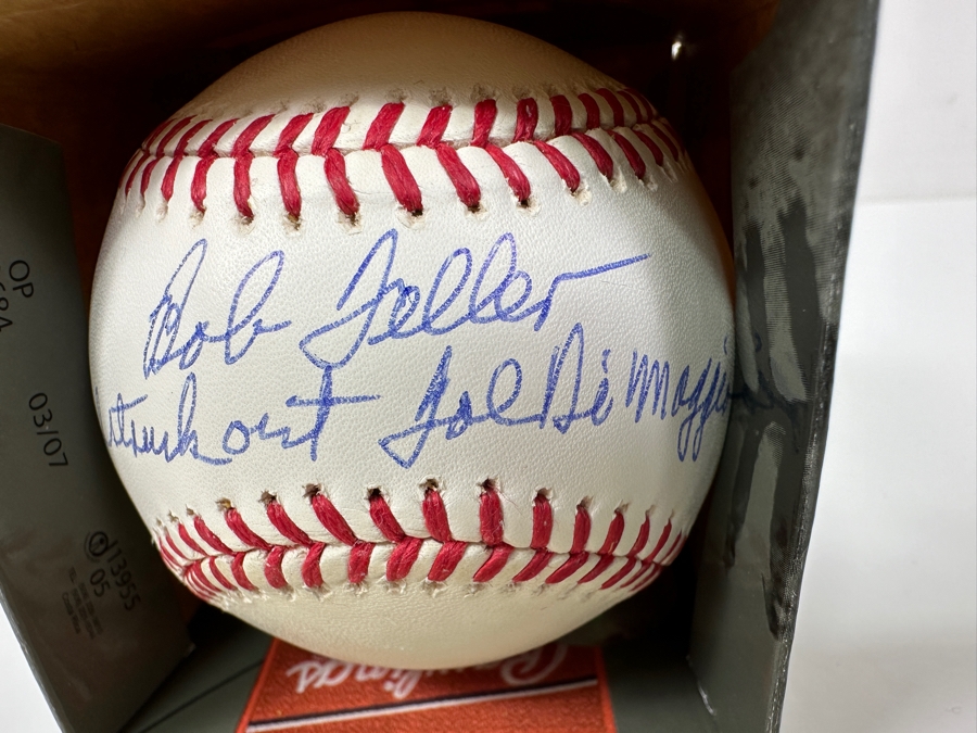 Signed Bob Feller With Inscription 'I Struck Out Joe DiMaggio' Autographed MLB Baseball With Certificate Of Authenticity (COA) [Photo 3]