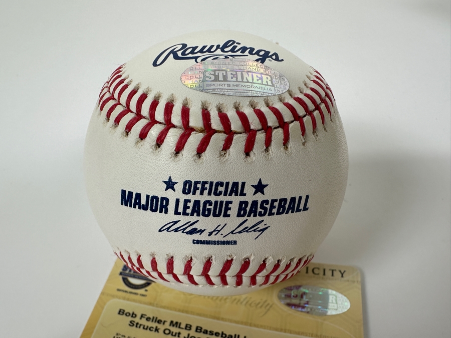 Signed Bob Feller With Inscription 'I Struck Out Joe DiMaggio' Autographed MLB Baseball With Certificate Of Authenticity (COA) [Photo 5]