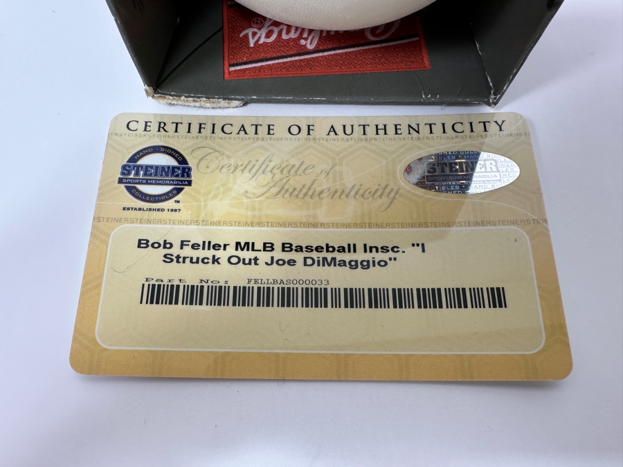 Signed Bob Feller With Inscription 'I Struck Out Joe DiMaggio' Autographed MLB Baseball With Certificate Of Authenticity (COA) [Photo 4]