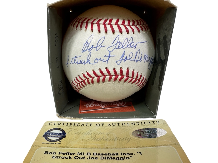 Signed Bob Feller With Inscription 'I Struck Out Joe DiMaggio' Autographed MLB Baseball With Certificate Of Authenticity (COA)