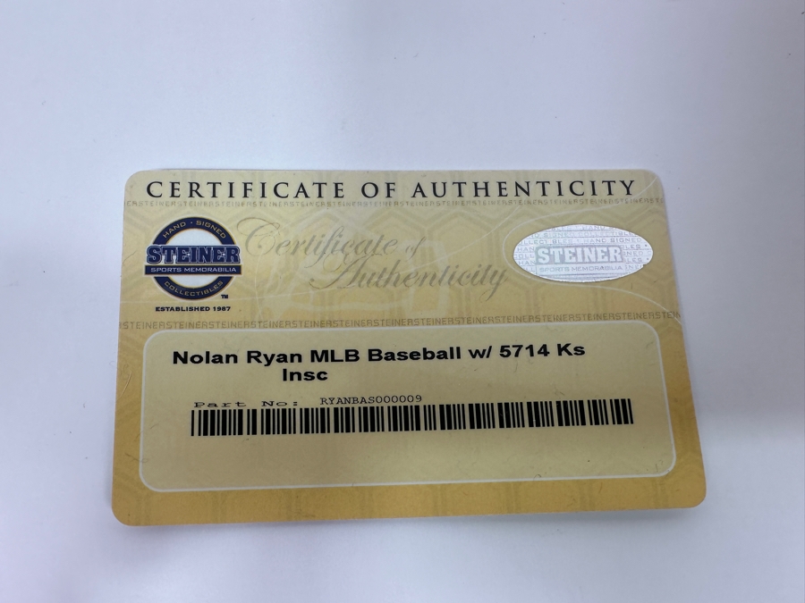 Signed Nolan Ryan With Inscription '5,714 K's' Autographed MLB Baseball With Certificate Of Authenticity (COA) [Photo 4]