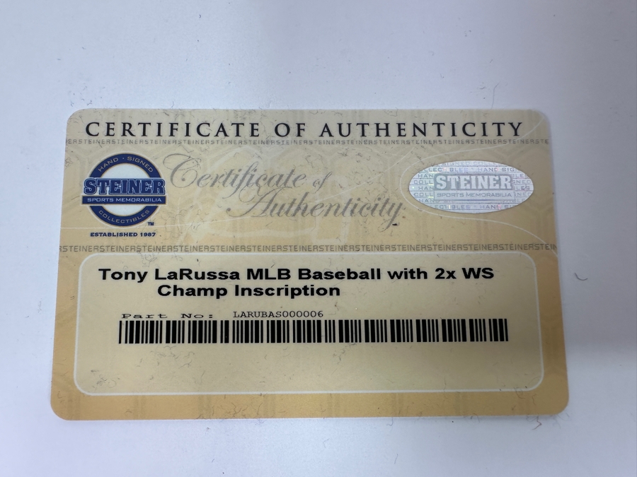Signed Tony La Russa With Inscription '2 X W.S. Champ' Autographed MLB Baseball With Certificate Of Authenticity (COA) [Photo 5]