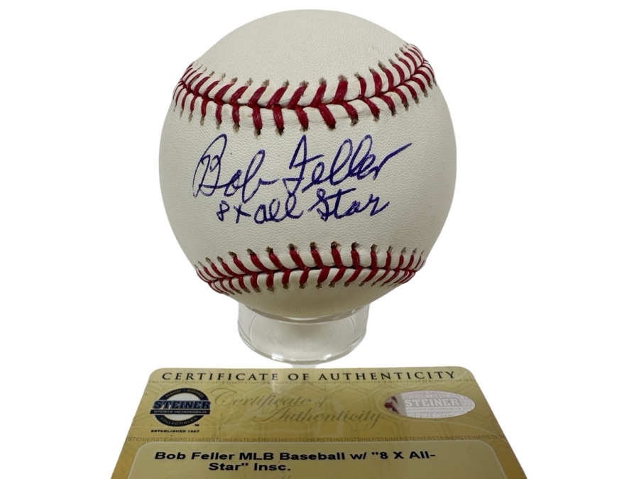 Signed Bob Feller With Inscription '8 X All Star' Autographed MLB Baseball With Certificate Of Authenticity (COA)