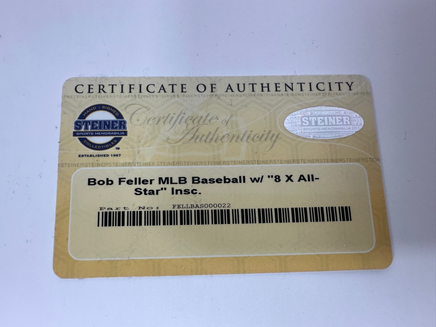 Signed Bob Feller With Inscription '8 X All Star' Autographed MLB Baseball With Certificate Of Authenticity (COA) [Photo 4]