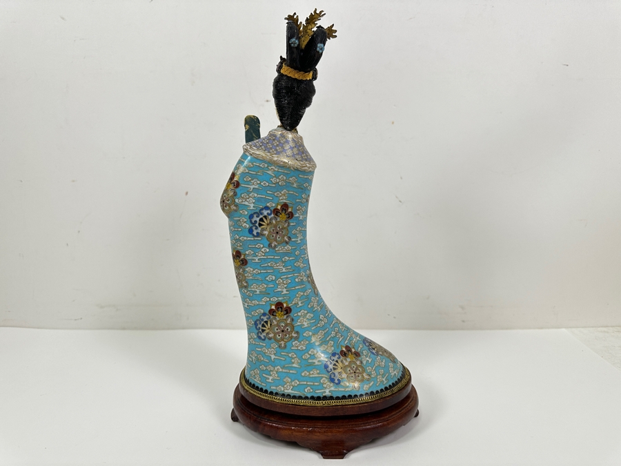 Vintage Chinese Cloisonné Figurine With Carved Face On Wooden Stand 13'H [Photo 6]