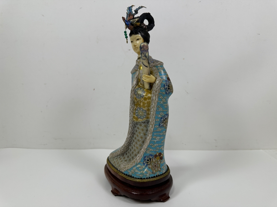Vintage Chinese Cloisonné Figurine With Carved Face On Wooden Stand 13'H [Photo 8]