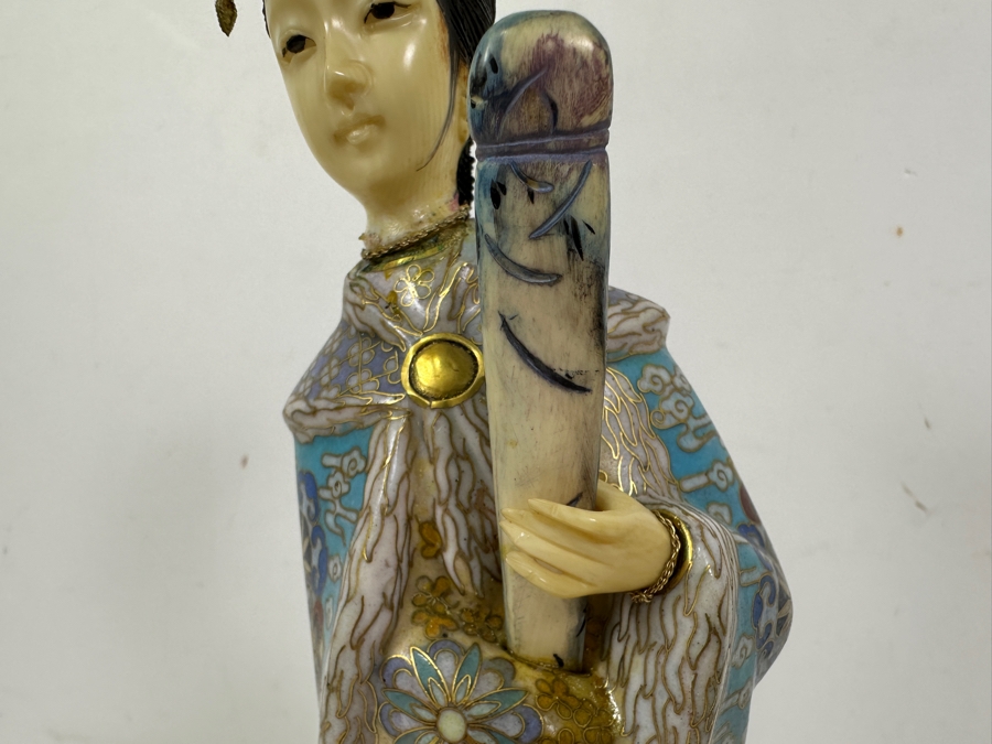 Vintage Chinese Cloisonné Figurine With Carved Face On Wooden Stand 13'H [Photo 5]