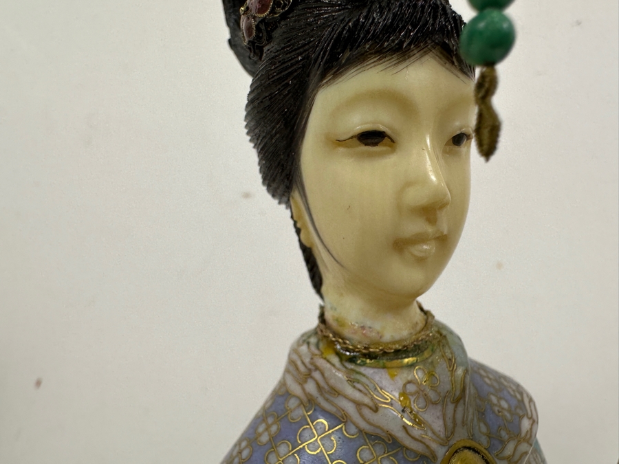 Vintage Chinese Cloisonné Figurine With Carved Face On Wooden Stand 13'H [Photo 2]