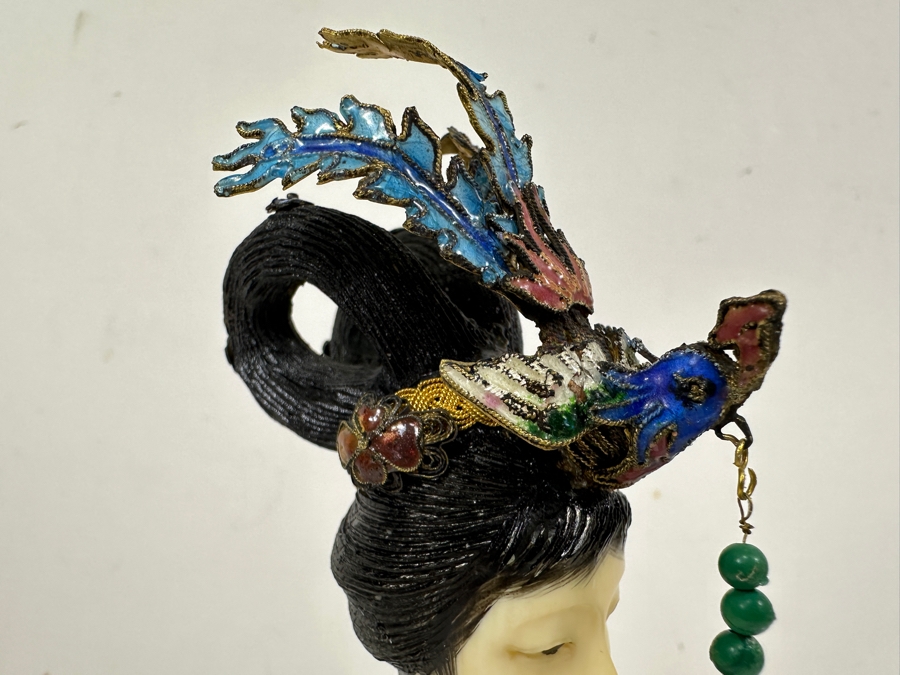 Vintage Chinese Cloisonné Figurine With Carved Face On Wooden Stand 13'H [Photo 4]