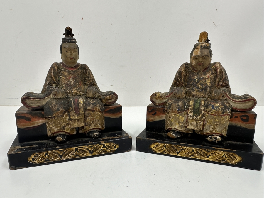 Antique Japanese Late Edo Period Hand Carved Wooden Polychrome Shogunate Style Figures - Each Measures 4'W X 2'D X 4.5'H [Photo 2]