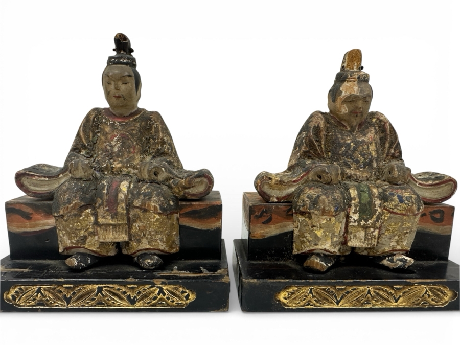 Antique Japanese Late Edo Period Hand Carved Wooden Polychrome Shogunate Style Figures - Each Measures 4'W X 2'D X 4.5'H