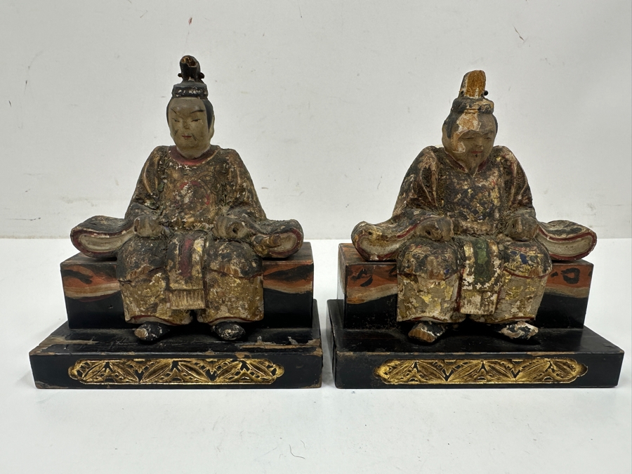 Antique Japanese Late Edo Period Hand Carved Wooden Polychrome Shogunate Style Figures - Each Measures 4'W X 2'D X 4.5'H [Photo 3]