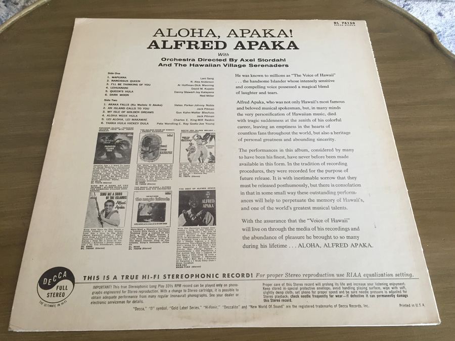 Alfred Apaka ‎- Aloha, Apaka! - Decca ‎- DL 74150