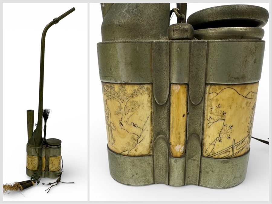 Vintage Chinese Opium Pipe With Scenic Carving At Base 13.5'H