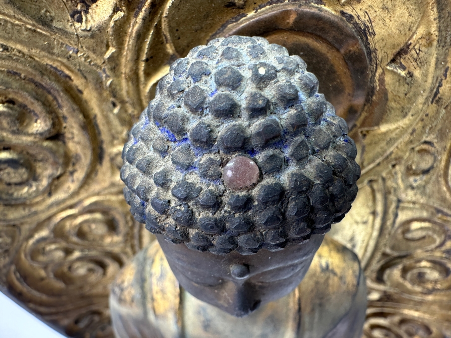 Antique Japanese Edo Period (1603-1868) Carved Gilt Wooden Sculpture Of Amida Buddha Standing On A Lotus Base With Halo Mandorla Behind The Figure 25.5'H Estimate $3,000-$6,000 [Photo 18]