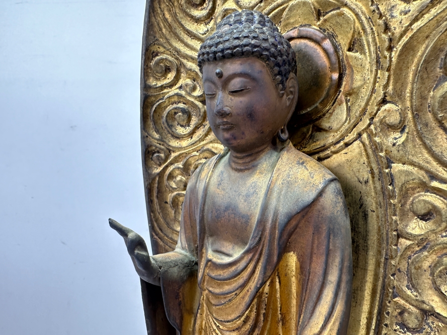 Antique Japanese Edo Period (1603-1868) Carved Gilt Wooden Sculpture Of Amida Buddha Standing On A Lotus Base With Halo Mandorla Behind The Figure 25.5'H Estimate $3,000-$6,000 [Photo 14]