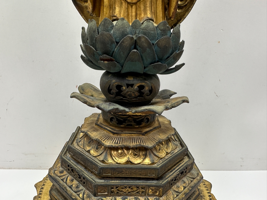 Antique Japanese Edo Period (1603-1868) Carved Gilt Wooden Sculpture Of Amida Buddha Standing On A Lotus Base With Halo Mandorla Behind The Figure 25.5'H Estimate $3,000-$6,000 [Photo 7]