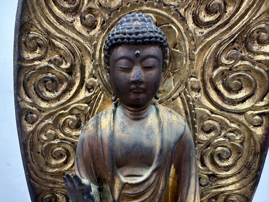 Antique Japanese Edo Period (1603-1868) Carved Gilt Wooden Sculpture Of Amida Buddha Standing On A Lotus Base With Halo Mandorla Behind The Figure 25.5'H Estimate $3,000-$6,000 [Photo 19]