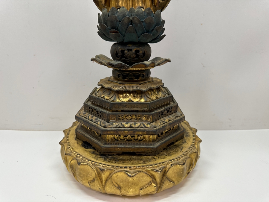 Antique Japanese Edo Period (1603-1868) Carved Gilt Wooden Sculpture Of Amida Buddha Standing On A Lotus Base With Halo Mandorla Behind The Figure 25.5'H Estimate $3,000-$6,000 [Photo 8]
