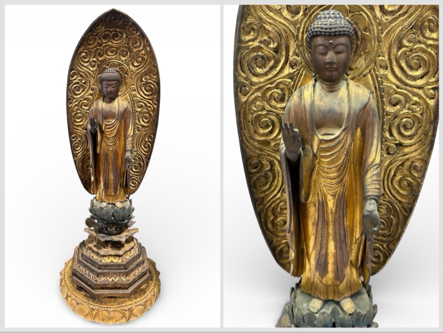 Antique Japanese Edo Period (1603-1868) Carved Gilt Wooden Sculpture Of Amida Buddha Standing On A Lotus Base With Halo Mandorla Behind The Figure 25.5'H Estimate $3,000-$6,000