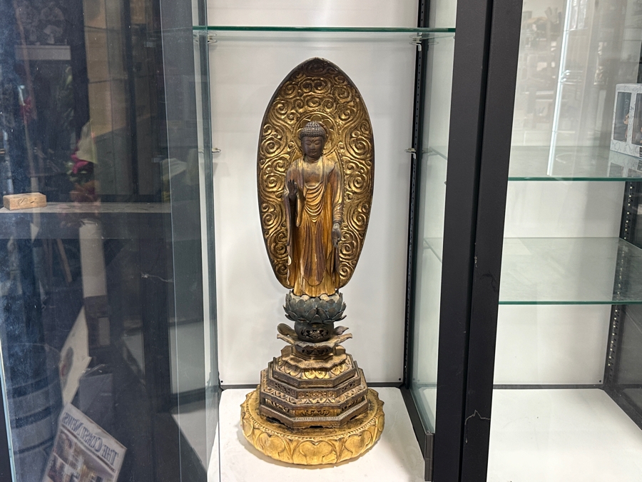 Antique Japanese Edo Period (1603-1868) Carved Gilt Wooden Sculpture Of Amida Buddha Standing On A Lotus Base With Halo Mandorla Behind The Figure 25.5'H Estimate $3,000-$6,000 [Photo 2]