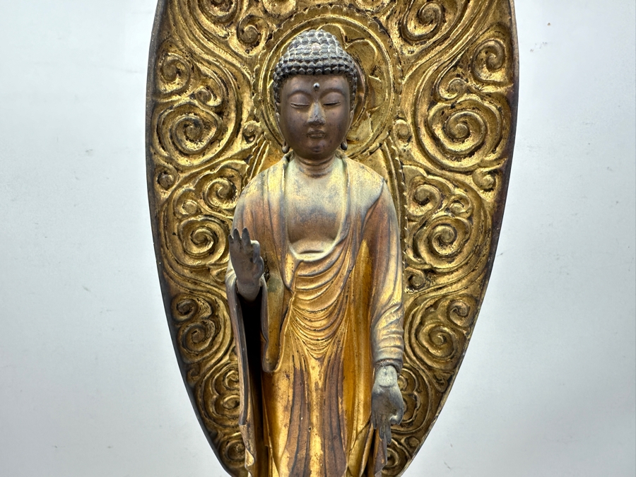 Antique Japanese Edo Period (1603-1868) Carved Gilt Wooden Sculpture Of Amida Buddha Standing On A Lotus Base With Halo Mandorla Behind The Figure 25.5'H Estimate $3,000-$6,000 [Photo 20]