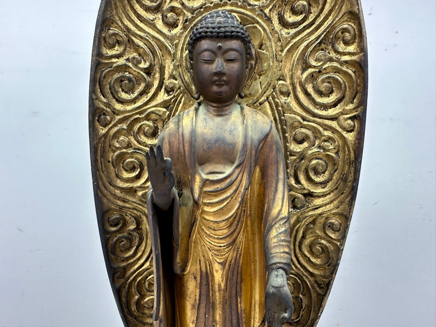 Antique Japanese Edo Period (1603-1868) Carved Gilt Wooden Sculpture Of Amida Buddha Standing On A Lotus Base With Halo Mandorla Behind The Figure 25.5'H Estimate $3,000-$6,000 [Photo 4]