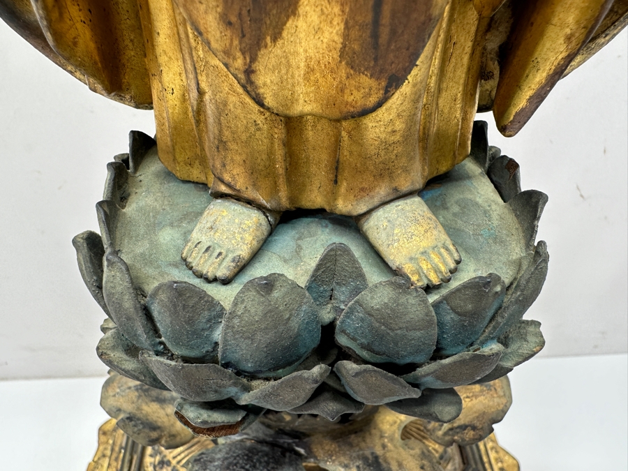 Antique Japanese Edo Period (1603-1868) Carved Gilt Wooden Sculpture Of Amida Buddha Standing On A Lotus Base With Halo Mandorla Behind The Figure 25.5'H Estimate $3,000-$6,000 [Photo 6]