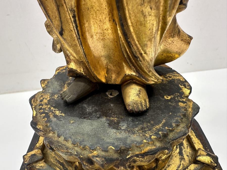 Antique Japanese Edo Period (1603-1868) Carved Gilt Wooden Sculpture Of Guanyin Buddha Standing On A Lotus Base With Halo Mandorla Behind The Figure (Some Damage To Multiple Areas Including Hands) 15.5'H Estimate $2,000-$4,000 [Photo 15]